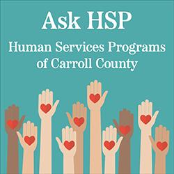 Raised hands with red hearts on palms below text "Ask HSP: Human Services Programs of Carroll County."