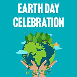 Illustration of a globe with trees, cupped by hands, set against a bright blue background with the text "Earth Day Celebration" above.