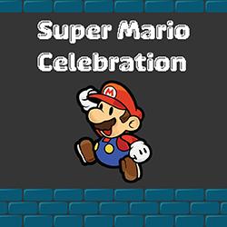 Super Mario jumping with text "Super Mario Celebration" above, set against a gray background with blue brick borders.