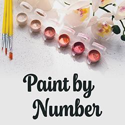 Yellow paintbrushes and paint pots on a paint-by-number canvas with orchids and the text "Paint by Number" below.