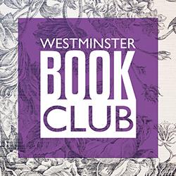 Westminster Book Club in white text over a purple floral background.