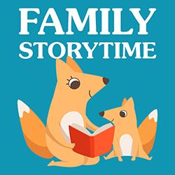 Illustration of a Fox family reading a story over a blue-green background