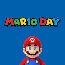 Mario Day colorful letters on a blue background with Mario the Plumber at the bottom