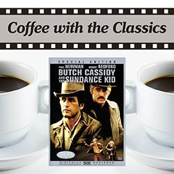 Butch Cassidy and the Sundance Kid movie cover over cups of coffee on a white background