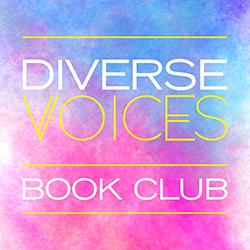 Watercolor background in pinks and blues with Diverse Voices Book Club in white