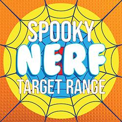 A cobweb-shaped Nerf target background in orange, yellow, and blue