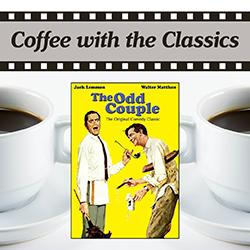 The Odd Couple movie cover over cups of coffee on a white background