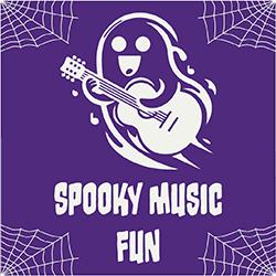 cartoon ghost playing a guitar on a purple background