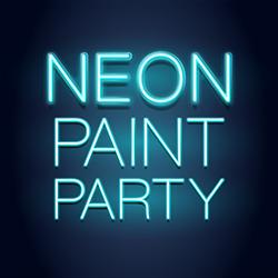 The words neon paint party in glowing blue capital letters with a dark blue background