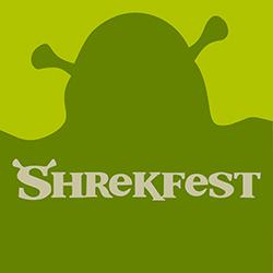 A silhouette of the character Shrek in shades of green with the word Shrekfest