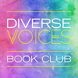 Watercolor rainbow background with Diverse Voices Book Club in white