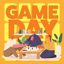 Trendy illustration of 3 people sitting around a table playing a game in blues, browns, and orange