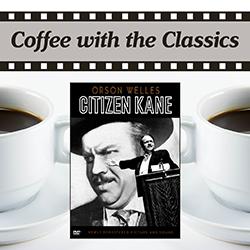 Citizen Kane movie cover over cups of coffee on a white background
