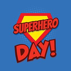 A red and yellow diamond superhero symbol over a blue background