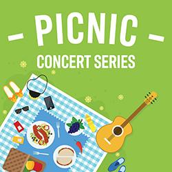 Illustration of a picnic spread on a blue checkered blanket over green grass seen from above