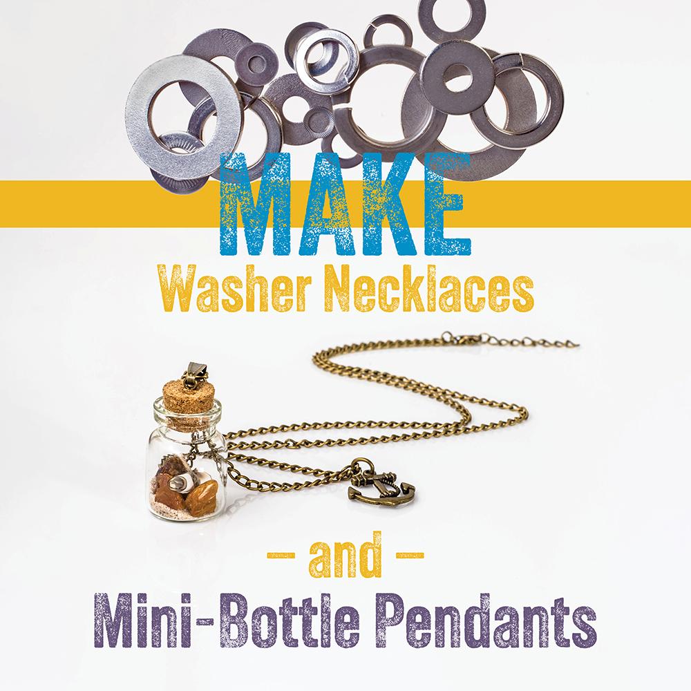 A group of metal washers and a tiny bottle pendant on a chain