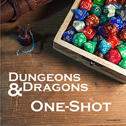 A box of role-playing game dice on a wooden tabletop seen from above