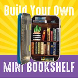 A miniature bookshelf inside a mint tin over purple with a gold starburst behind