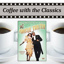 The Awful Truth movie cover over cups of coffee on a white background