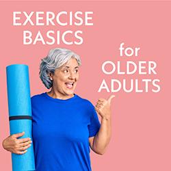 Senior woman holding a rolled yoga mat in front of a rose colored background