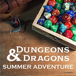 Overhead view of D&D dice and figure on a wooden tabletop