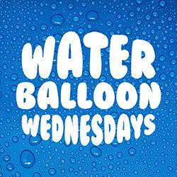 Water Balloon Wednesdays in white on a background of blue water drops