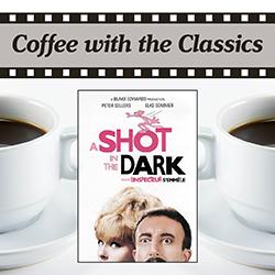 A Shot in the Dark movie cover over cups of coffee on a white background