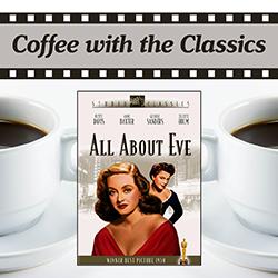 All About Eve movie cover over cups of coffee on a white background