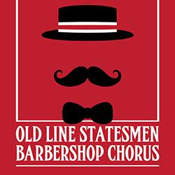 Traditional barbershop icon of straw hat, mustache, and bow tie in red, black, and white.