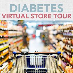 A shopping cart in the foreground facing into an out-of-focus grocery store aisle