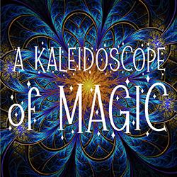 A mirrored fractal image in blues and gold