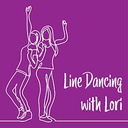 A linear line drawing of two line dancers in white on a purple background.