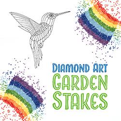 Colorful diamond art beads on a white background with a hummingbird line drawing pattern.