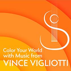 Color arcs in shades of orange with an abstract line drawn guitar.