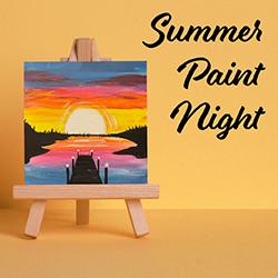 A painting of a sunset off a dock