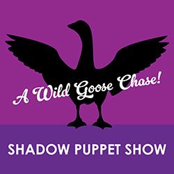 Silhouette puppet image of a goose with outspread wings.