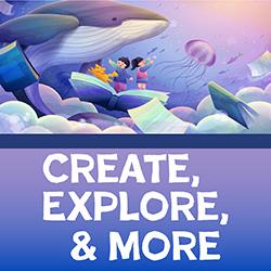 Illustration of children in a sea of books with a blue whale in the background in blues and purples