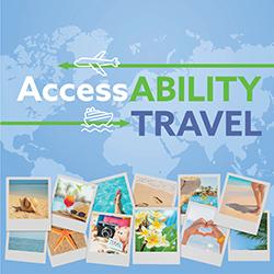 A collection of travel polaroid photos in front of a blue world map.