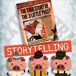 The True Story of the 3 Little Pigs book cover in tabloid illustration style.