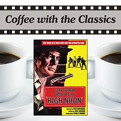 High Noon movie cover over cups of coffee on a white background