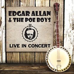 Edgar Allan and the Poe Boys poster on a wooden wall with a banjo leaning next to it.