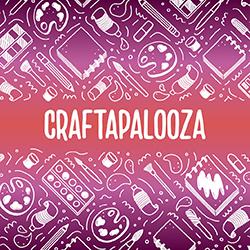 white line drawings of craft supplies on a purple and pink gradient background