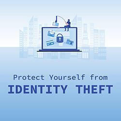 Illustration of a phisher sitting on top of an open laptop dangling an ID card.
