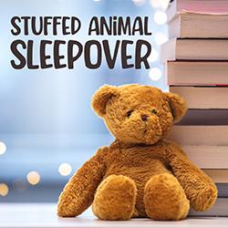 a stuffed bear toy in sitting in front of a pile of books