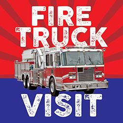 A firetruck in front of a red hero burst background with blue below.