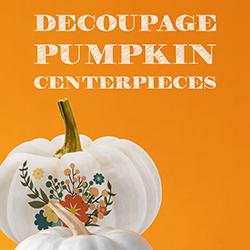 White pumpkin with decoupage floral pattern over a orange background.
