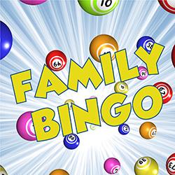 A blue and white burst of colorful bingo balls with Family Bingo in yellow.