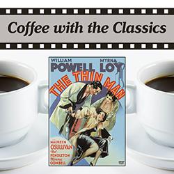The Thin Man movie cover over cups of coffee on a white background