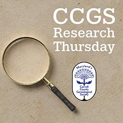 A magnifying glass on kraft paper with the Carroll County Genealogy Society logo.