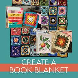 A colorful crocheted blanket made of granny squares, each using a color theme from a favorite book.